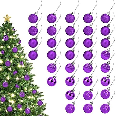 34PC Christmas Balls Ornaments for Xmas Tree,1.5" 5 Styles Small Shatterproof Xmas Decoration Balls for Holiday Party,Hooks Included (Purple) Cover