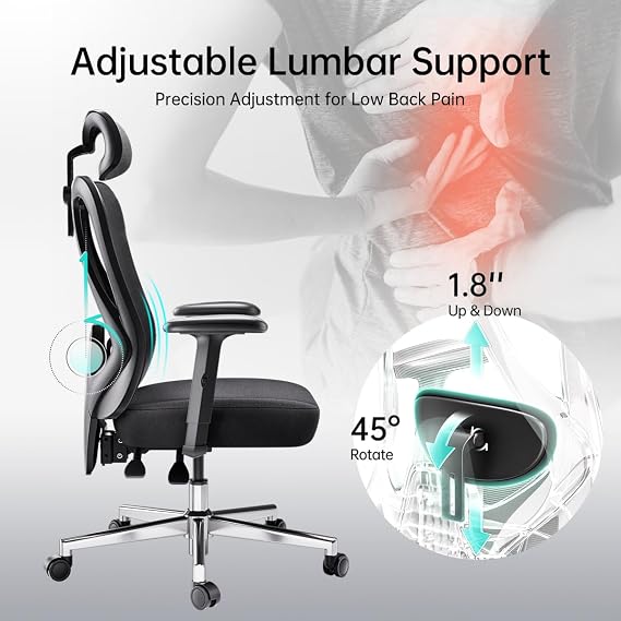Hbada P3 Ergonnomic Office Chair with 2D Adjustable Lumbar Support, Office Chairs with Adjustable Headrest and Armrest, 145 Stepless Tilt Function, Black(No Footrest)