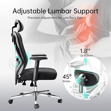 Hbada P3 Ergonnomic Office Chair with 2D Adjustable Lumbar Support, Office Chairs with Adjustable Headrest and Armrest, 145 Stepless Tilt Function, Black(No Footrest)