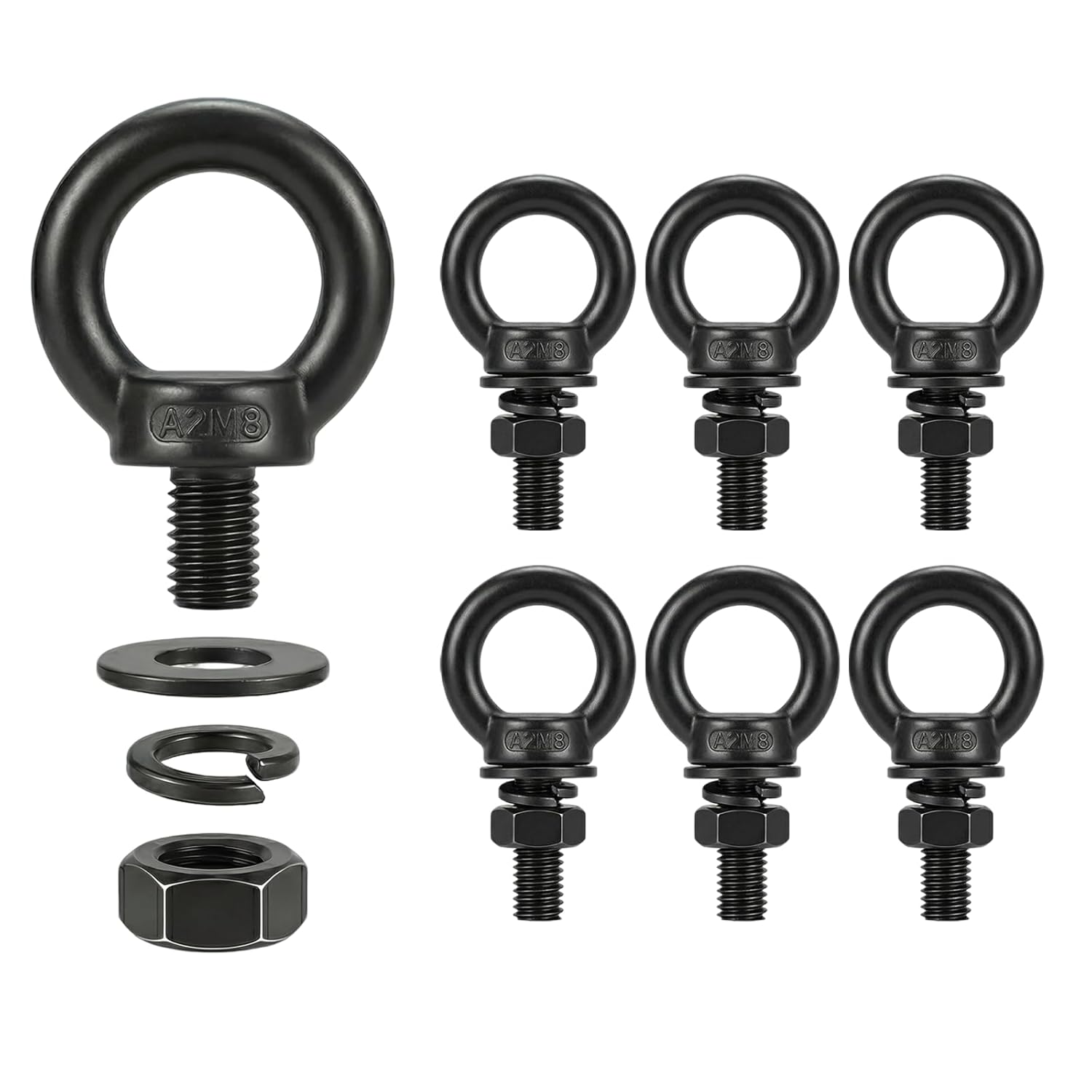 6 Pack M10 x 1" T316 Stainless Steel Eye Bolts with Nuts, Black Shouldered Lifting Eye Bolt Kit with Lock Washers (Approx 3/8" Thread Diameter), Heavy Duty Tie Down Anchor for Thick Wood