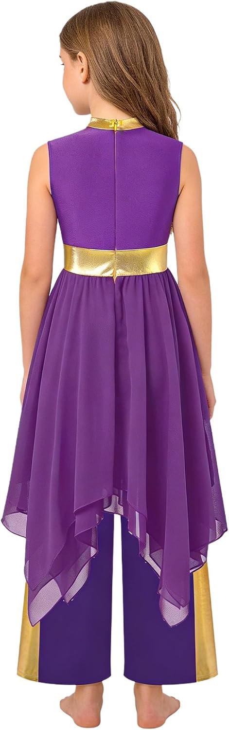 Kids Girls Liturgical Praise Dance Dress Metallic Gold Overlay Worship Tunic with Palazzo Pants Set Dancewear Purple 8 Years