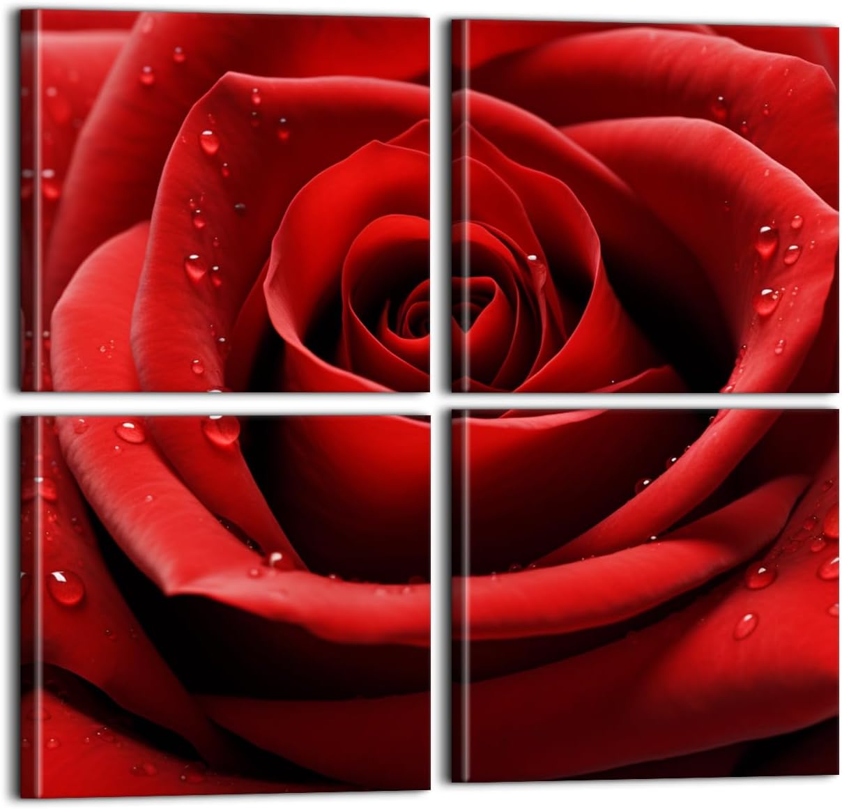 PLIDAAYO Red Rose Wall Art 4 Pieces Rose with Dew Detail Canvas Print Romantic Flower Picture Modern Flower Poster Painting for Living Room Bedroom Dining Room Home Decor(Flo-01,16"x16"x4)