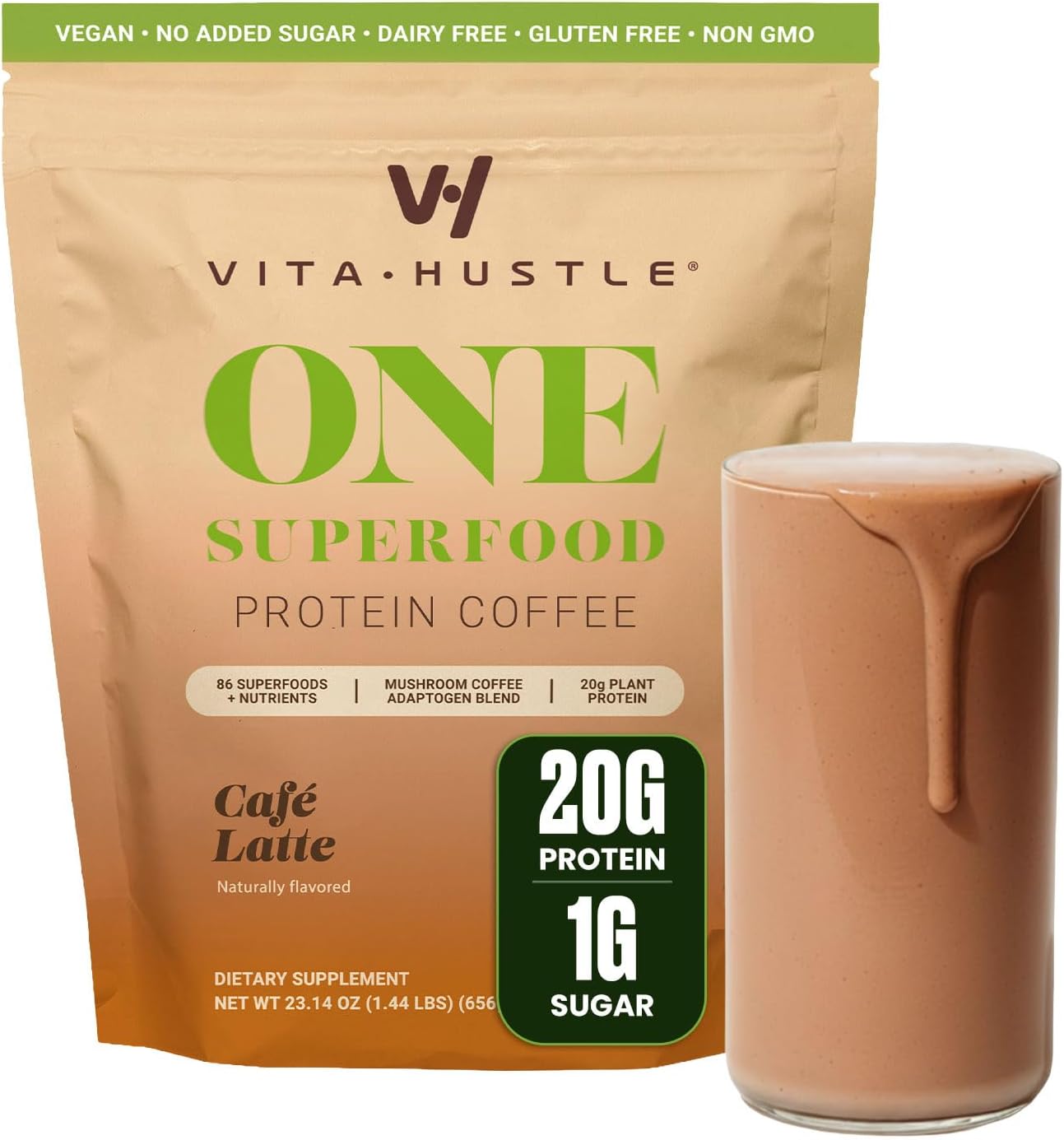 VitaHustle ONE Vegan Protein Powder, Cafe Latte, 15 Servings