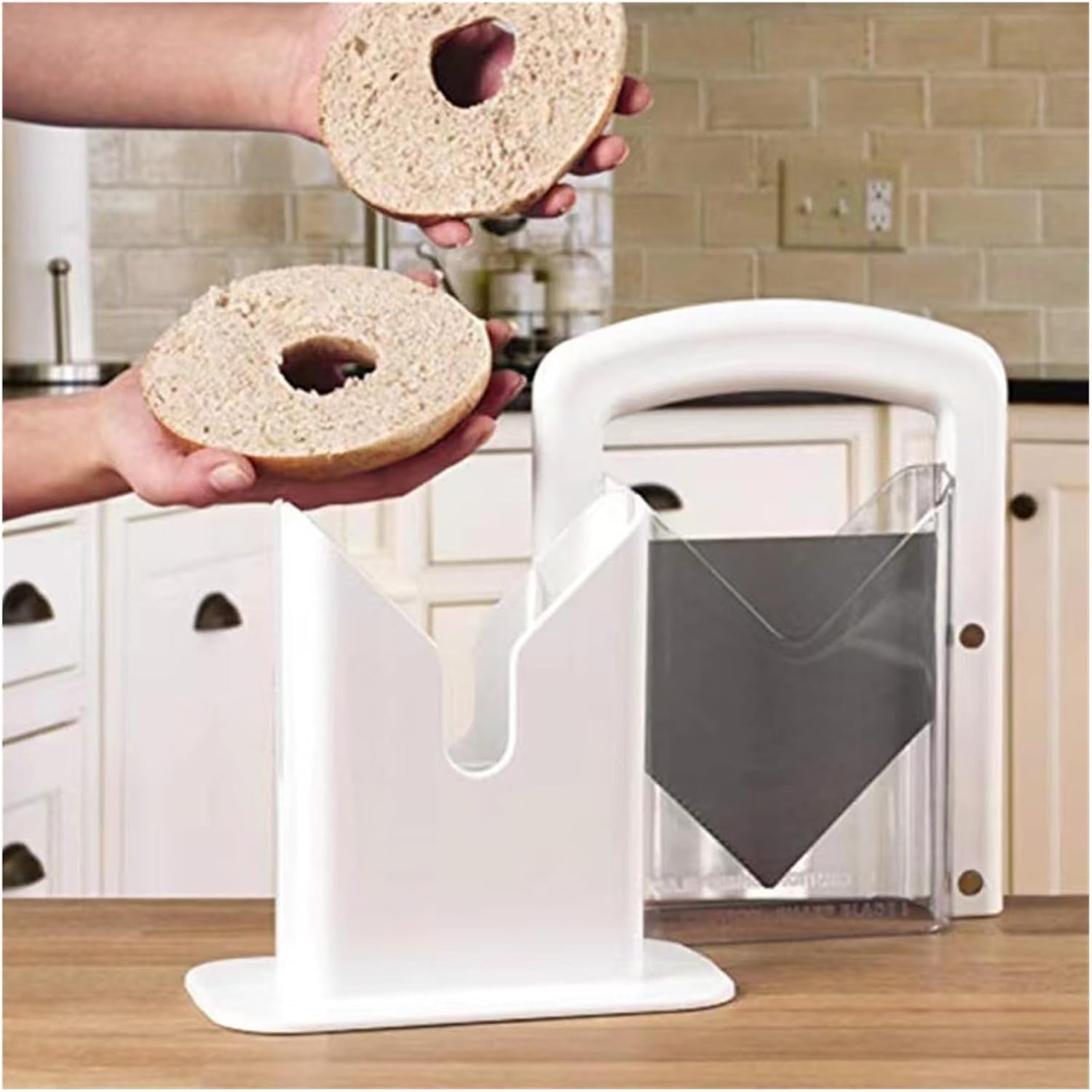 Adjustable Bagle Slicer with Safety Guard – Stainless Steel Blade for Even Cuts, Crumb Catcher, Dishwasher Safe