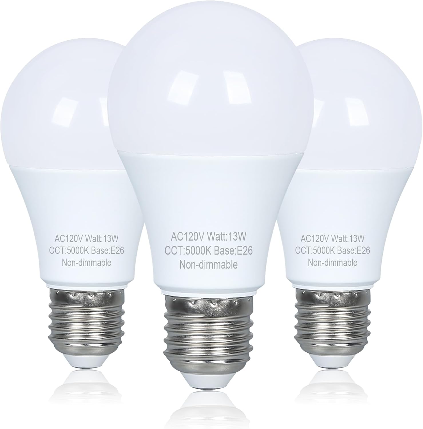3 Pack LED Light Bulbs 100 watt Equivalent, Efficient 13W, Daylight White 5000K, E26 Medium Base, A19 Standard Light Bulbs, 120V, Non-Dimmable