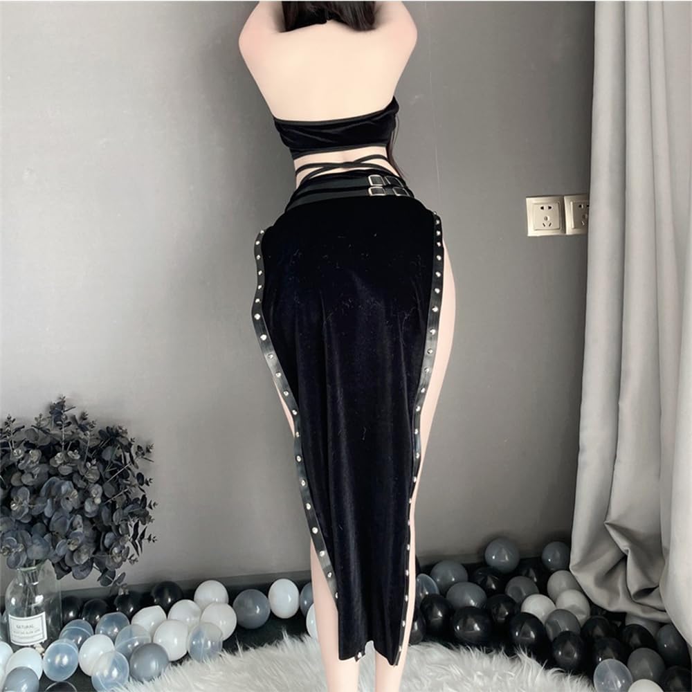 Women's cosplay sexy high slit cheongsam underwear lace mesh velvet Chinese dress