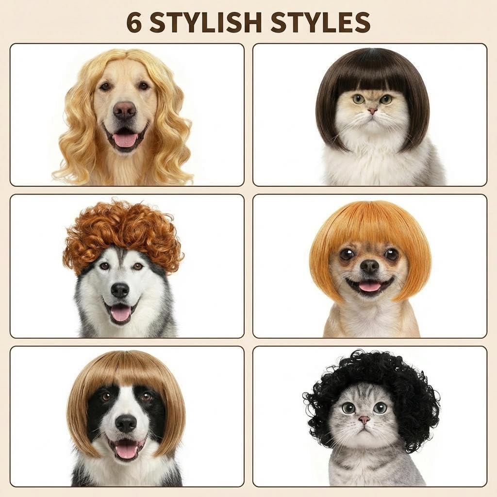 6 Pack Funny Cat and Dog Wigs, Soft Pet Cosplay Costume with Adjustable Straps, for Halloween Christmas Party Dress-Up, Ideal Gift for Pet Lovers