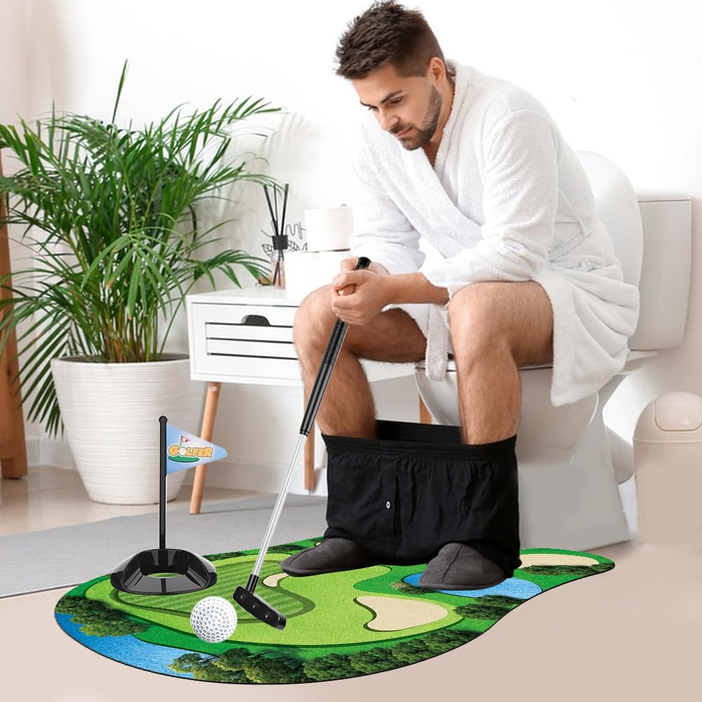 Mini Golf Game Set, Juegos de Golf para Inodoro, Set de Regalo de Golf con Palo de Golf, Tapete para Putting, 2 Pelotas de Golf y Colgador para Puerta, Divertido Regalo para Hombres de Golf