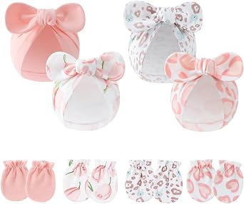 LIDHAY 4PCS Newborn Baby Hospital Hats Beanie Bow Infant Caps Cotton Preemie Hats No Scratch Mittens Set for 0-1 Years Old