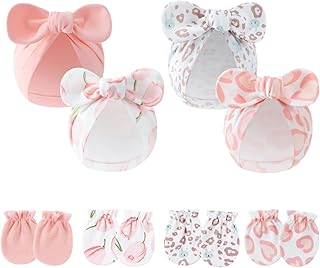 4PCS Newborn Baby Hospital Hats Beanie Bow Infant Caps Cotton Preemie Hats No Scratch Mittens Set for 0-1 Years Old
