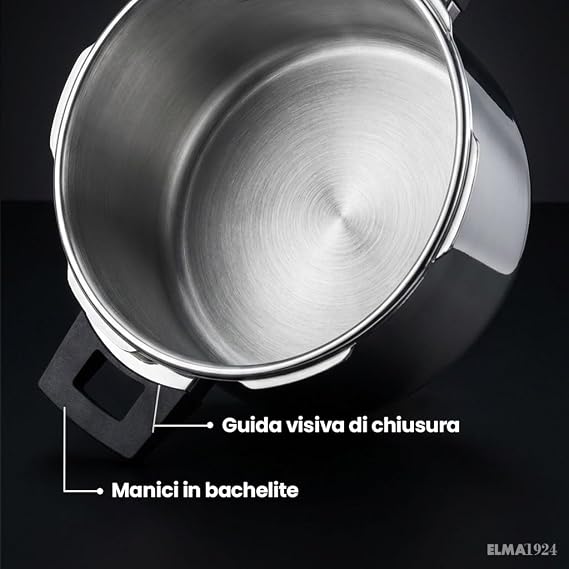 ELMA Prêst 8L Pressure Cooker, Ø24 cm | 18/10 Stainless Steel, Induction Compatible Encapsulated Base, Dual Cooking Modes, Triple Safety System, Includes Glass Lid, Extra Large Family Size 8 Litre