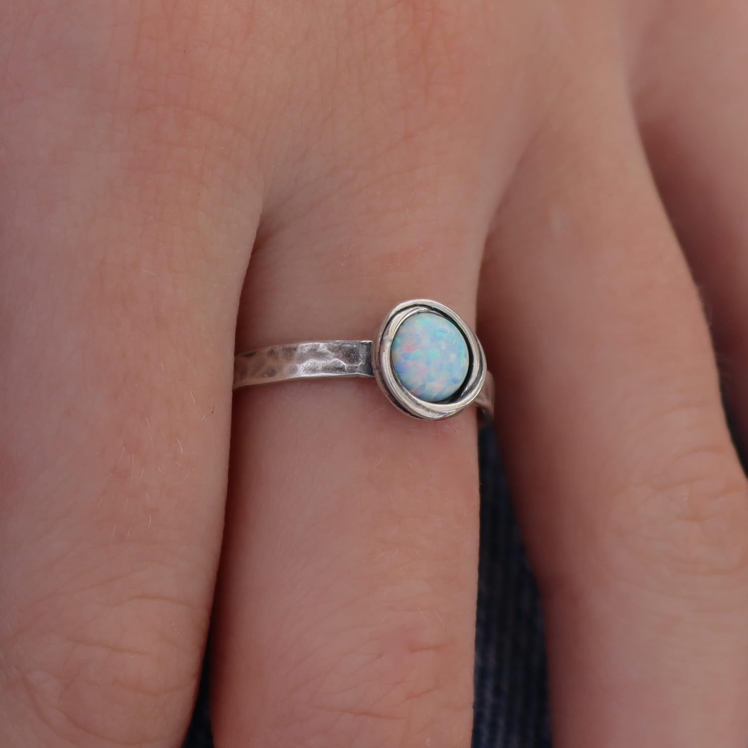 Sterling silver gemstone ring band for women, Hammered stone stacking ring, Birthstone ring