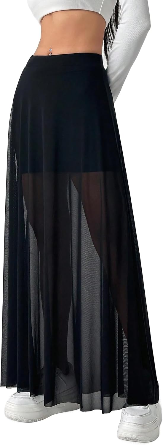 Avanova Womens Sheer Mesh High Waist Maxi Skirts A Line Flowy Layered Long Skirt