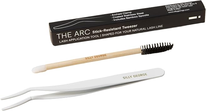 Silly George The Arc Lash Tweezer Stick-Resistant Applicators for Silly George Strip Lashes & Other Lash Brands, Curved Tip Non-Slip Tool for Easier Eyelash Line Placement, Includes Spoolie