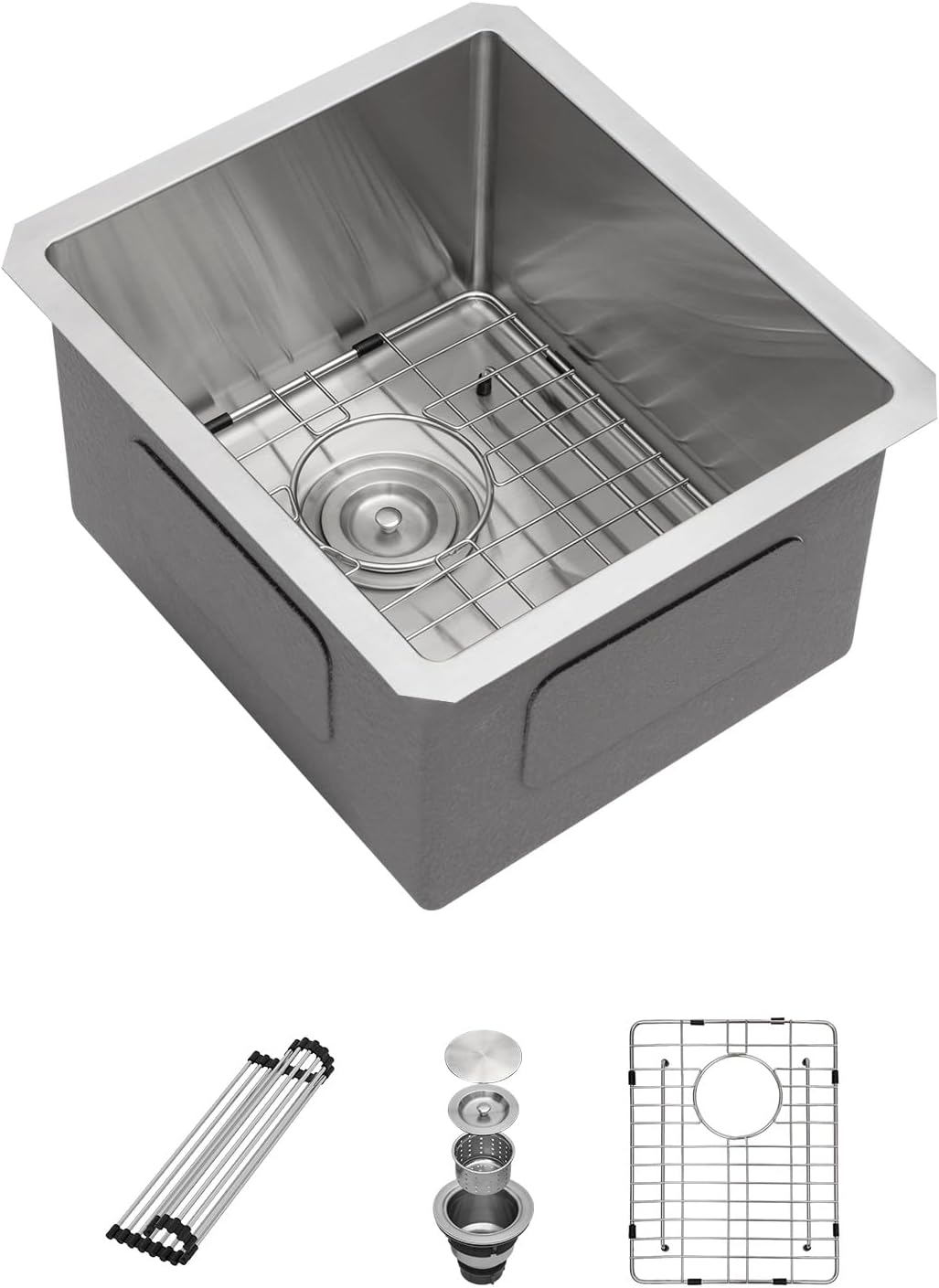 Sarlai 15 Inch Undermount Single Bowl Stainless Steel Kitchen Sink - 15" x 17" x 9.75" Deep Bowl, 16 Gauge, Brushed Finish, Basket Drain, Undermount Installation