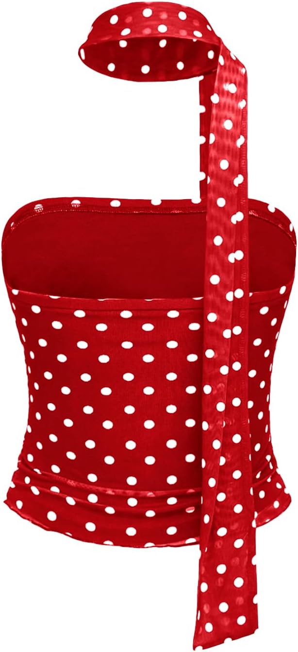 Womens Y2k Polka Dot Mesh Crop Tube Top with Scarf Sleeveless Strapless Cute Fitted Ruched Bandeau Tank Shirts - Image 2