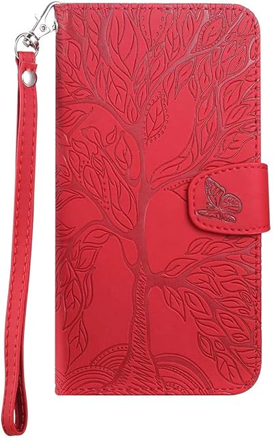 Annuo Wallet Phone Case Samsung A10 Phone Case Wallet Butterfly Mobile Phone Cover For Samsung A10 Case Shockproof Cover Samsung Galaxy A10 Flip Case Leather card holder magnetic Embossed Tree Red
