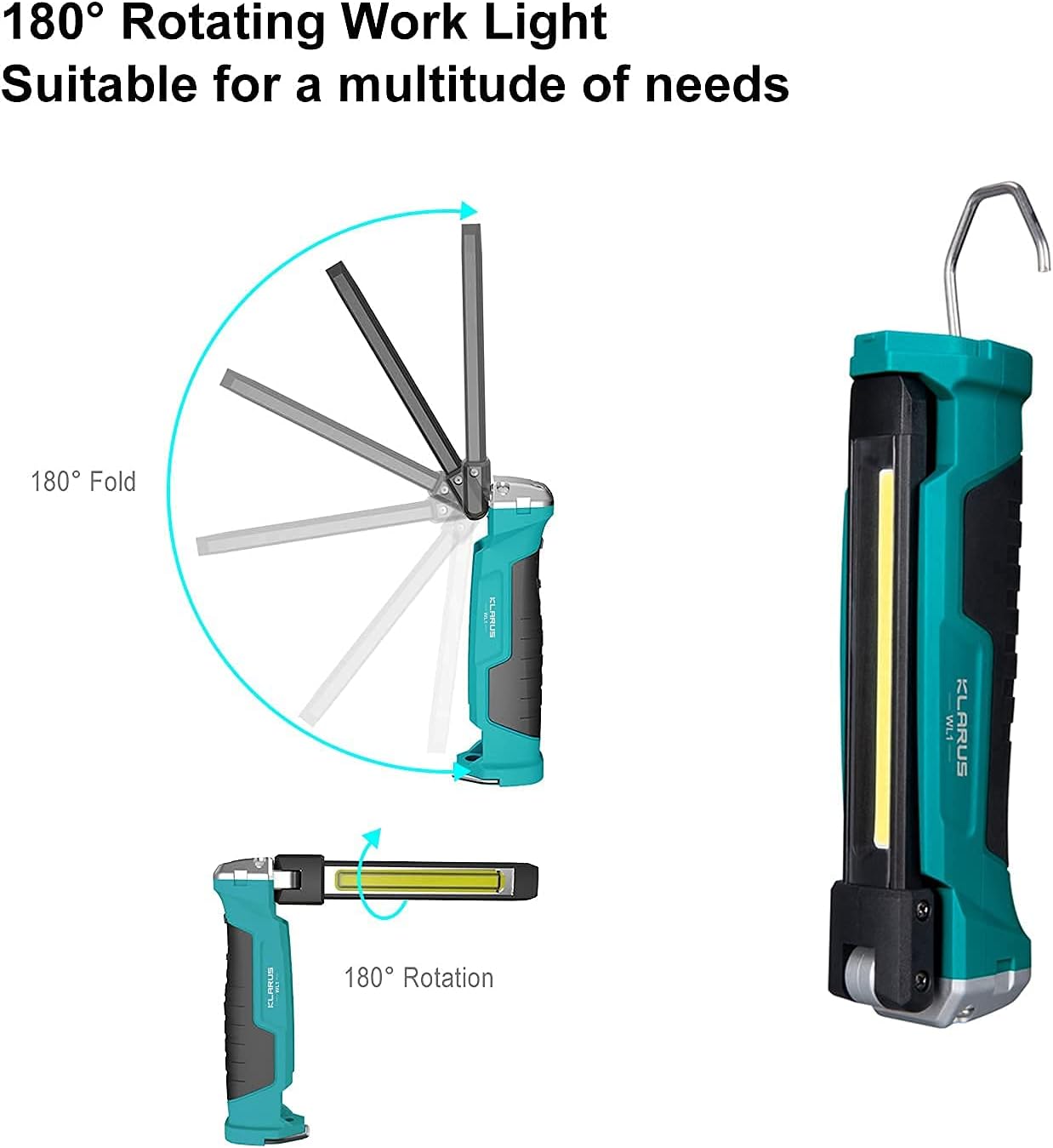 klarus WL1 LED Work Light, 550 Lumens Rechargeable COB Work Light with Magnetic Base & Hook, 180°Rotate +180°Foldable and 7 Modes Bright LED Flashlight for Car Repair, Household and Outdoor Use