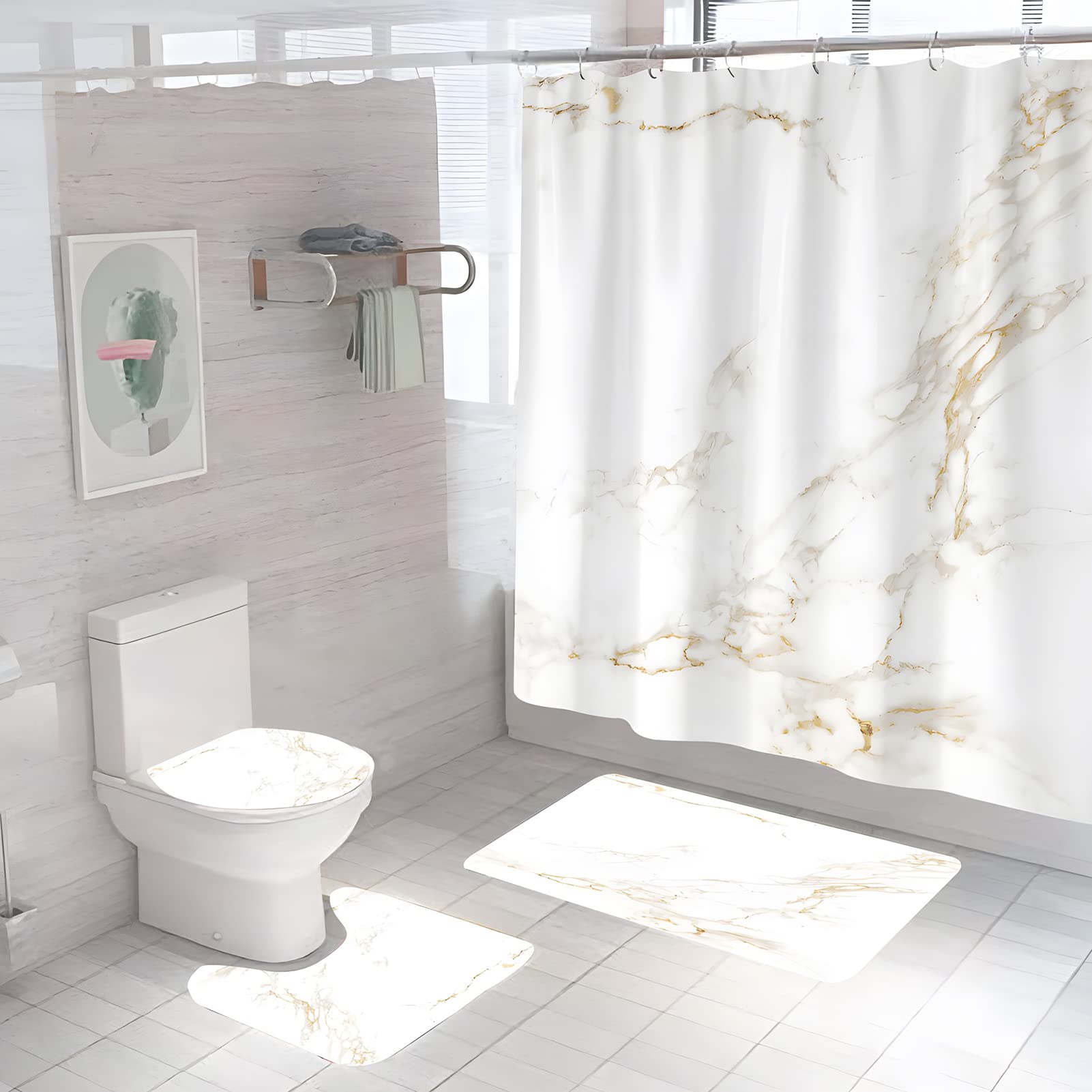 VAODO 4 Pcs Marbling Shower Curtain Set with Shower Curtain and Rugs and Accessories Bathroom Decorative Heavy Weighted Decor Set with 12 Hooks (Shower Curtain Set)