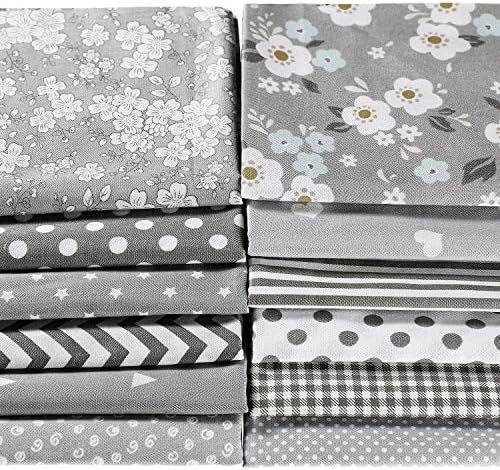 12 Pieces Quilting Fabric Grey Fat Quarters Floral Craft Fabric Bundle Patchwork Pre-Cut Sewing Square Sheets, 20 x 16 Inch/ 50 x 40 cm
