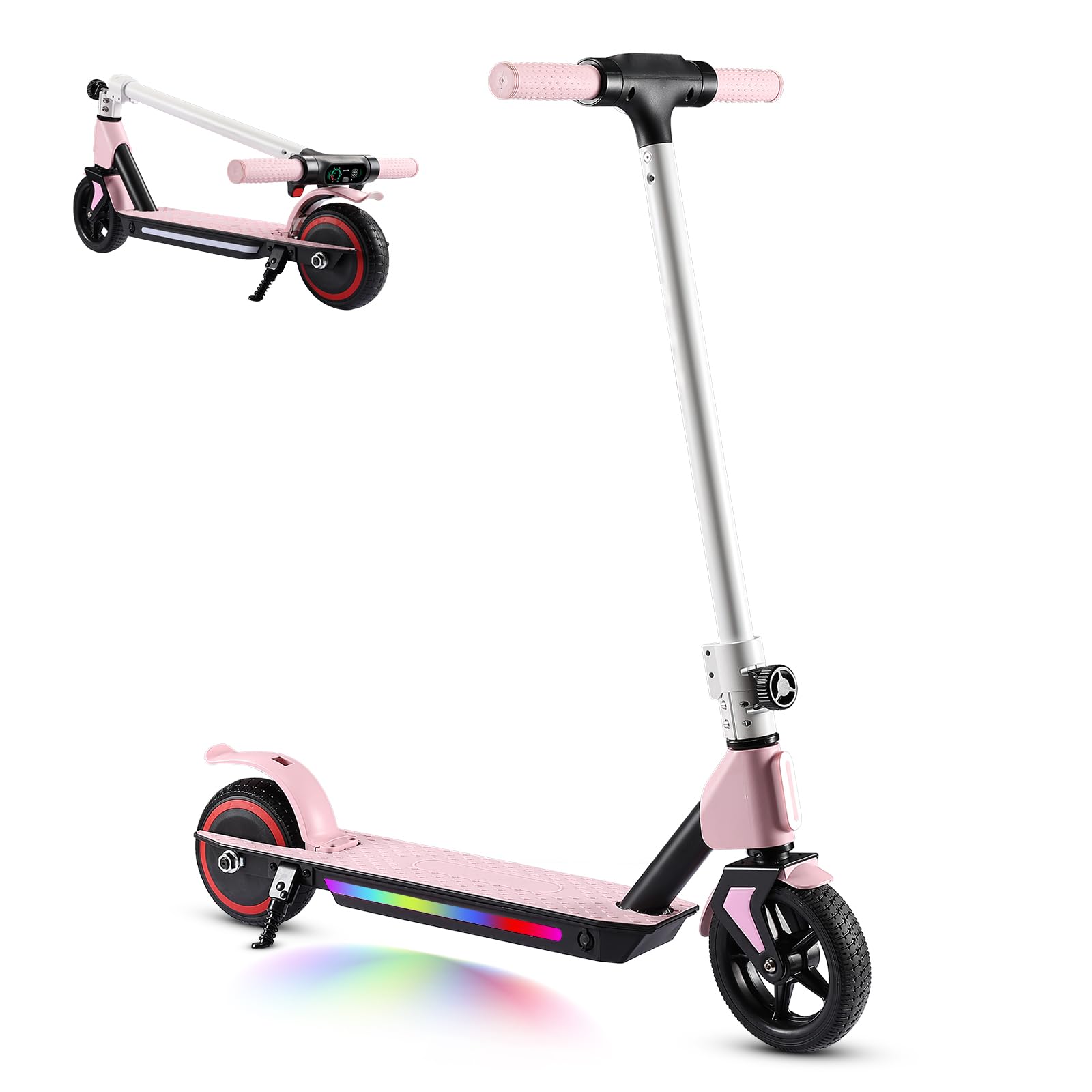 Patinete Eléctrico Niño 130W Plegable y Ligero, Velocidad Máxima de 15 km/h, 3 Modos de Velocidad, Pantalla LED y Luces Coloridas, Cumpleaños y Navidad (Rosa)