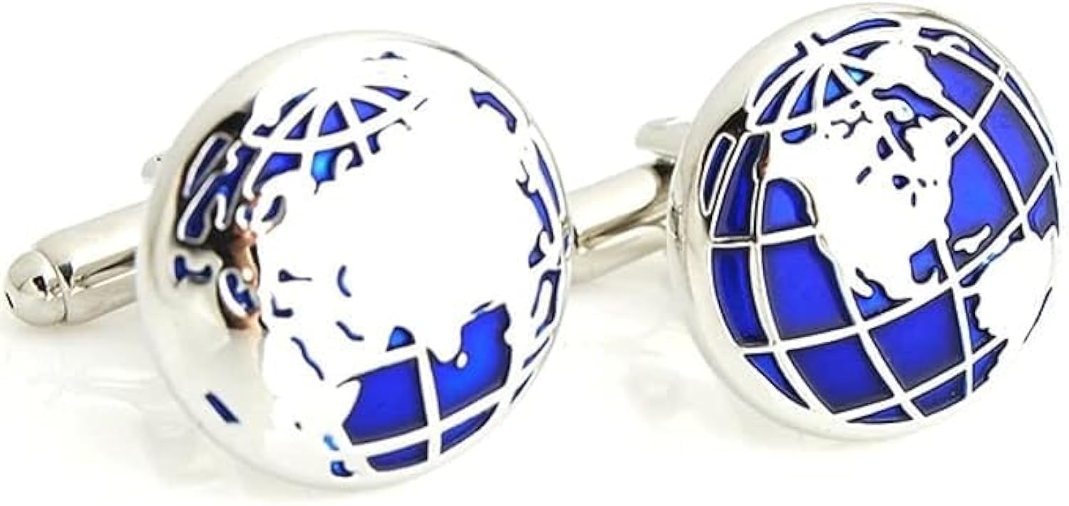Fashion Cufflinks for Men Global Earth World Map Designer Cuff Links Mens French Cuff Botton (Blue)