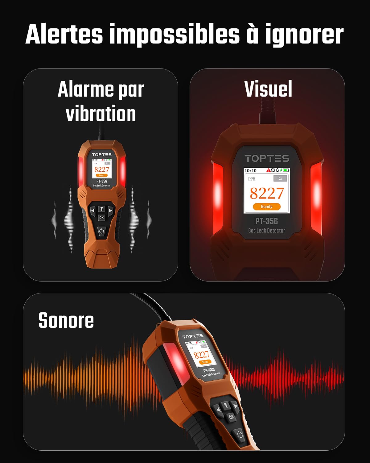 TopTes PT-356 Détecteur de gaz Rechargeable avec col de Cygne de 25 cm, Plage 0-20% LEL, système d’Alarme Triple, détecteur de Fuite de gaz à Double Affichage pour méthane, Butane, Propane