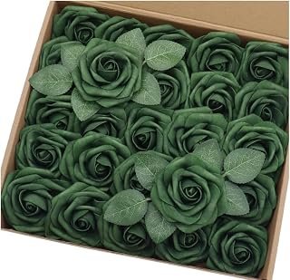 Artificial Flowers 50PCS Real Looking Emerald Green Fake Roses with Stem for DIY Wedding Bouquets Centerpieces Party Baby Shower Home Decorations