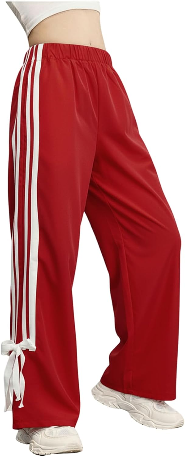 Girl's Bow Track Pants Striped Sweatpants Baggy Wide Leg Parachute Pants for Joggers Hip Hop Dance