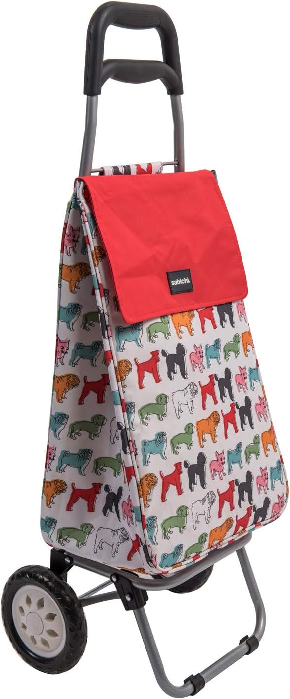 Pug Multicoloured Shopping Trolley - Lightweight Foldable Grocery Trolley - 96 x 33 x 22cm 40ltr Capacity - Steel Body Frame - 2 wheel shopping trolley