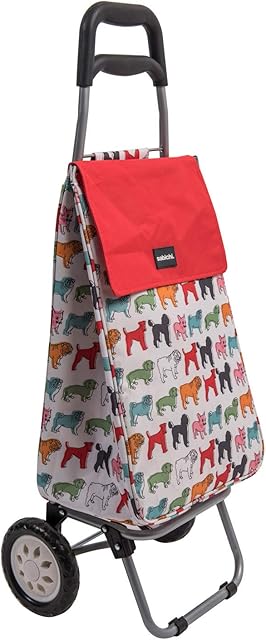 Sabichi Pug Multicoloured Shopping Trolley - Foldable Grocery Trolley - 45ltr Capacity - Steel Body Frame - 95 x 35 x 28cm - 2 wheeled shopping trolley
