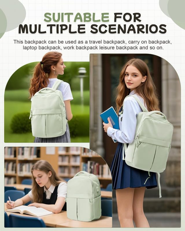 Small Laptop Backpack for Women - 14 Inch Laptop Compartment, Lightweight Waterproof Travel Backpack for College, Work, Green - Image 9