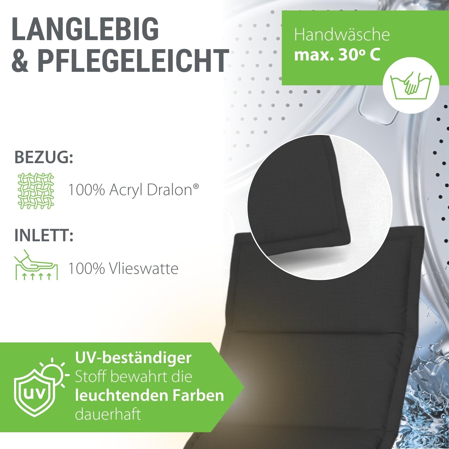 Auflage Bäderliege dunkelgrau I Gartenliege Polster 205x55x3cm I hochwertige & Pflegeleichte Liegenauflage I Wetter- & formbeständiges Liegekissen I Liegestuhl-Auflage