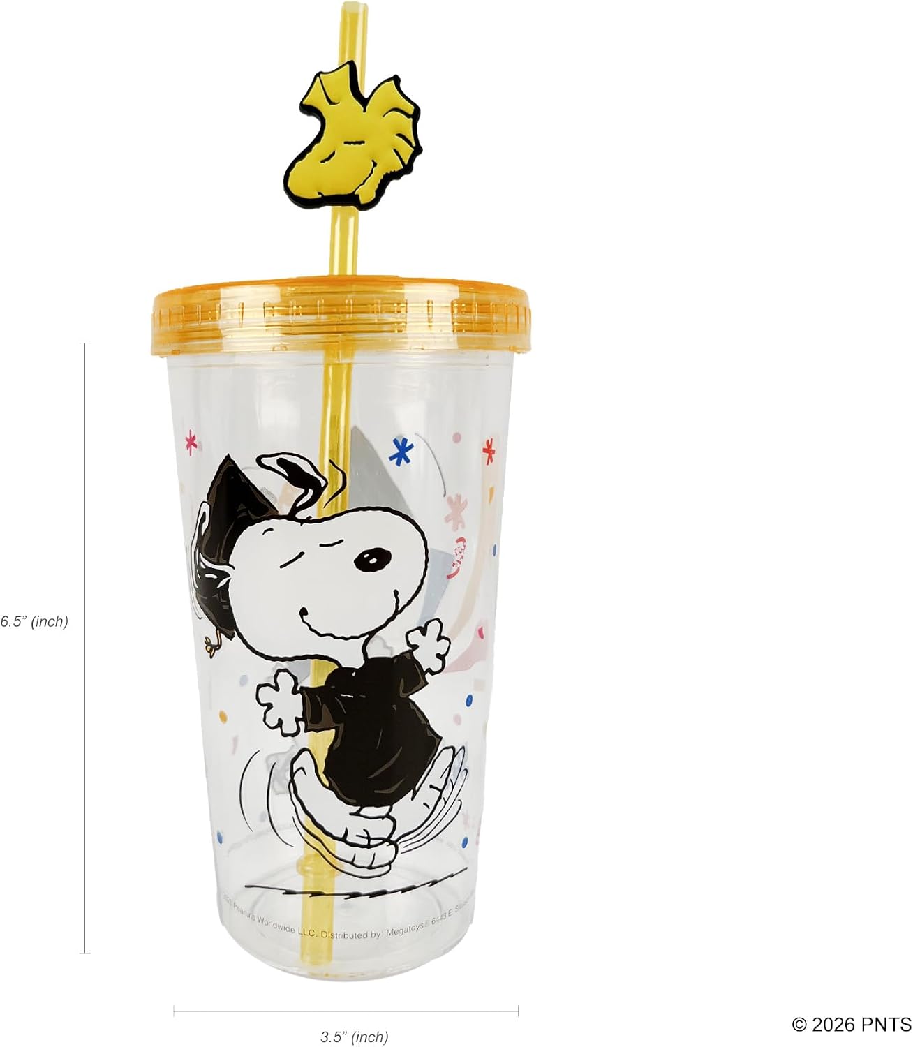 Megatoys Peanuts Snoopy Graduation Gift Set - Plush Snoopy in “GRAD” Outfit, Themed Tumbler Cup with Straw, Decorative Ribbon Badge (Officially Licensed Product)