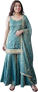 Quick buy hub Women’s Fendy Silk Embroidered Mirror Work Kurta Sharara Set with Dupatta | Sequence Embroidery Designer Kur...