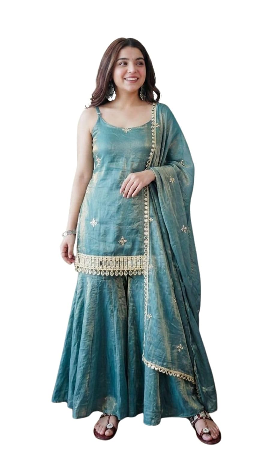 Quick buy hub Women’s Fendy Silk Embroidered Mirror Work Kurta Sharara Set with Dupatta | Sequence Embroidery Designer Kur...