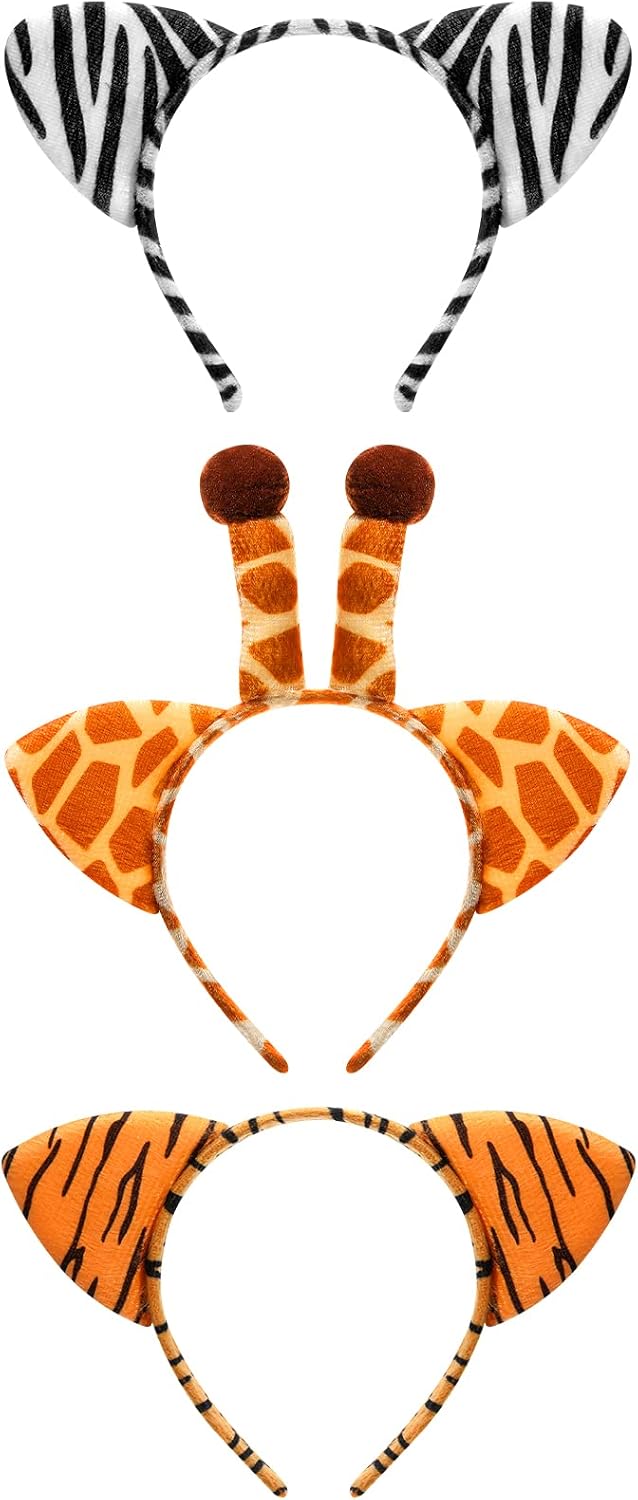 Cindeer 3 Pcs Animal Ear Costume Headband Zoo Jungle Safari Plush Ear Hair Hoop for Halloween Adult Women Men Cosplay Party