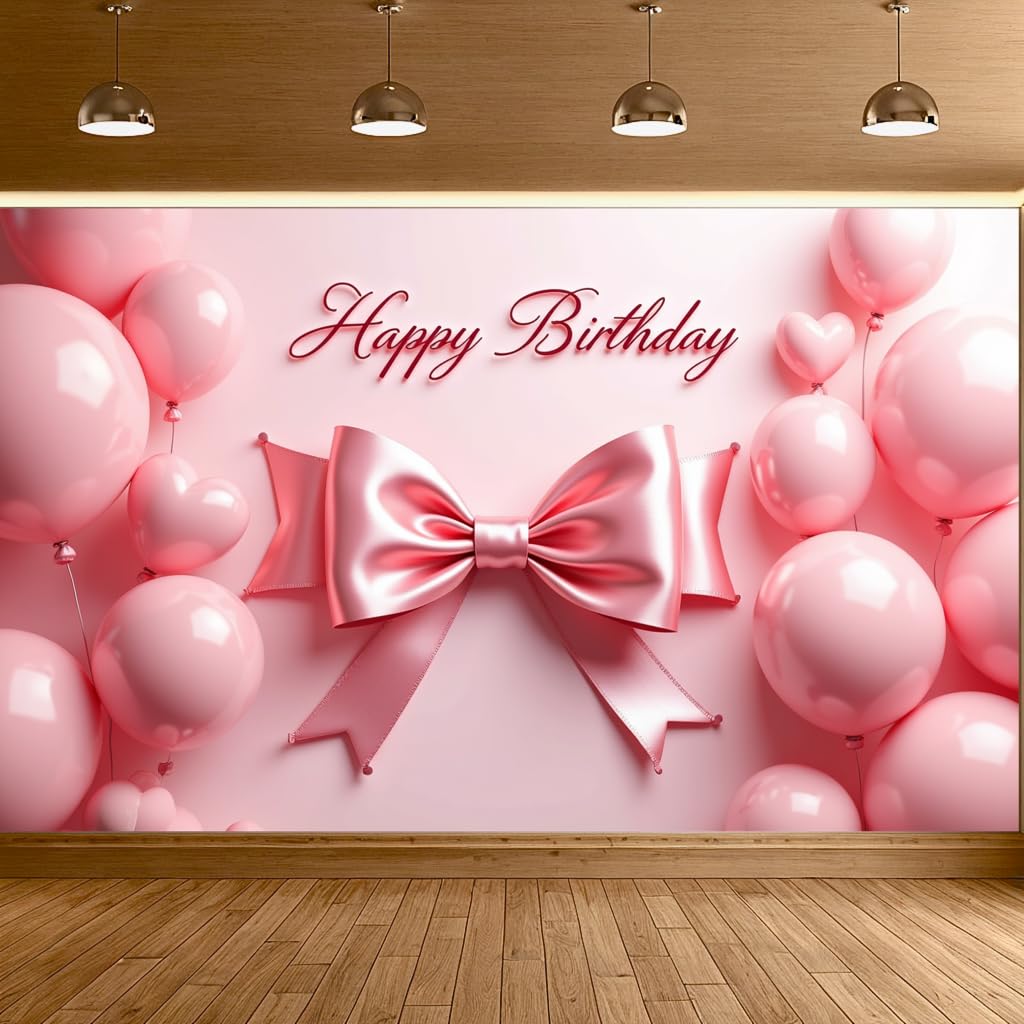 Pink Bow Birthday Backdrop Banner,Coquette Bow Happy Birthday Party Decoration for Women Girl Photography Background Sign (Pink Bow A, 70.9 * 43.3in)