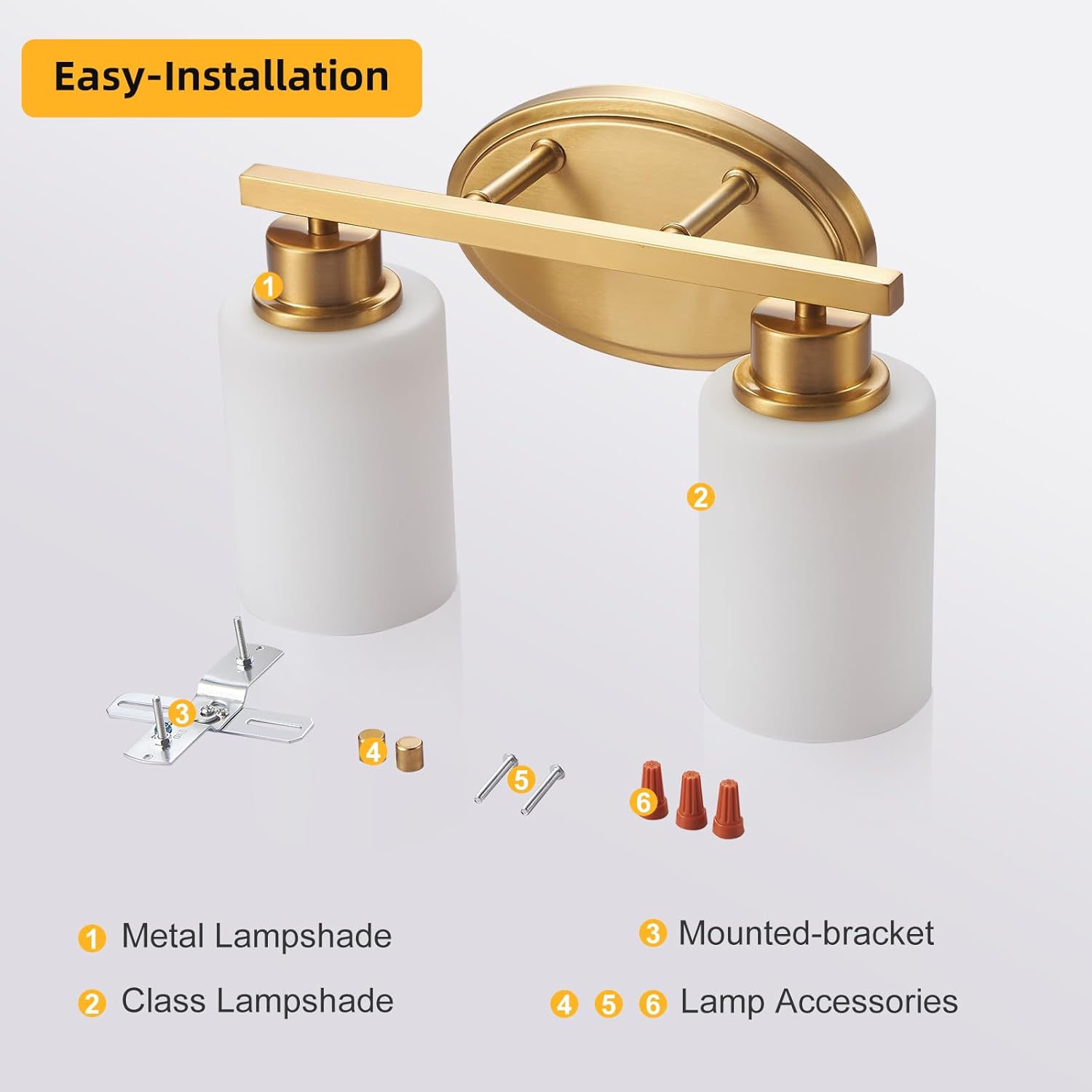 Modern Rustproof Bathroom Light - Over Mirror, 2 Light Brushed Gold Vanity Light Wall Mount, Etched Opal Glass