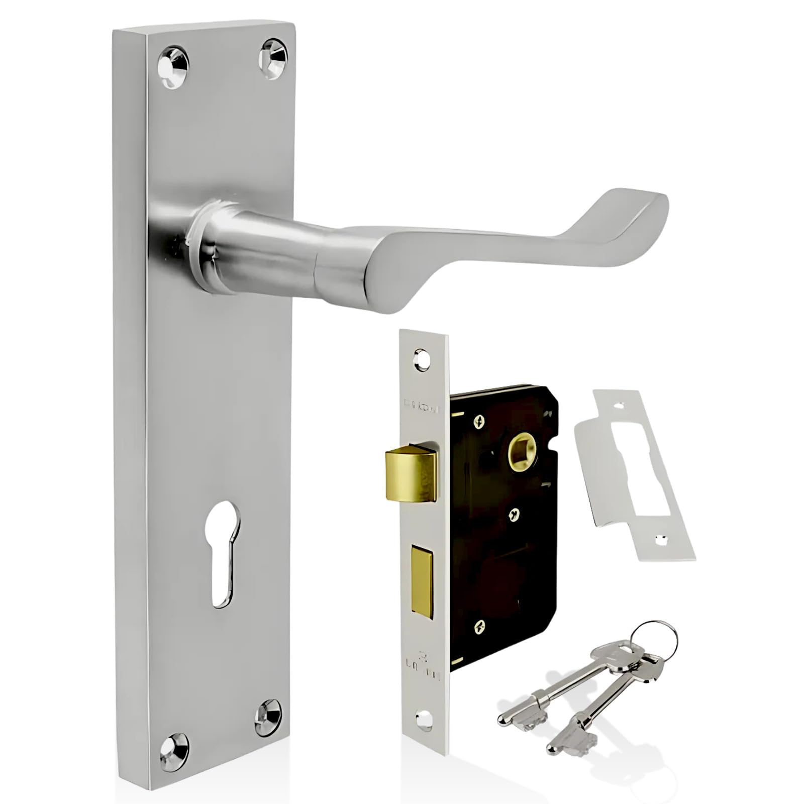 HANDLESTORE Victorian Scroll Locking Lever Door Handle on Backplate – Satin Chrome Interior Handles with 2.5" Mortice Sash Lock & Screws (Pair)