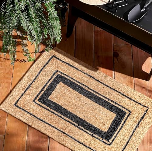 Image of Handmade Natural Jute Cotton Natural Fibers Floor /Door Mat Rugs Furnish Decor Striped Rectangular Design Carpet for Bedroom Living Room (JUTE007, 2x3-Runner)