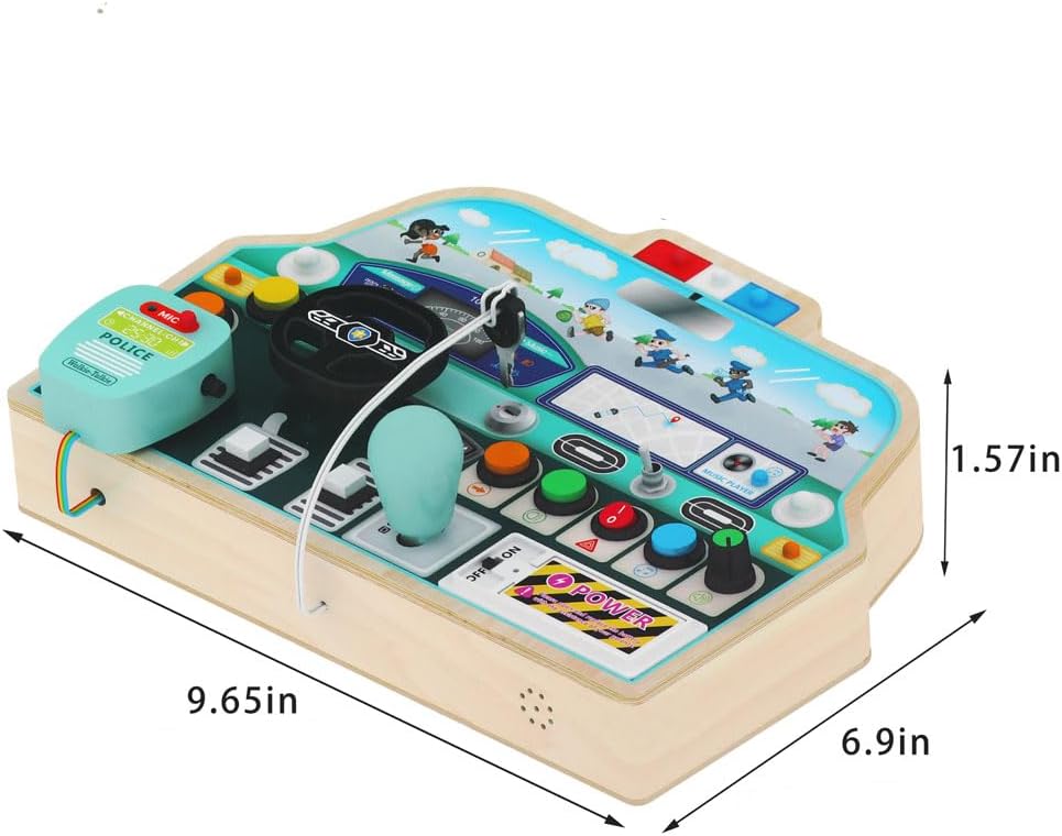 JAUNTY Montessori Sound Busy Board for Toddlers 1 2 3 Years Old, Wooden Police Car Sensory Toy with LED Light Switches, Recordable Walkie-Talkie, Travel Toys for 1+ Year Old Baby and Toddler