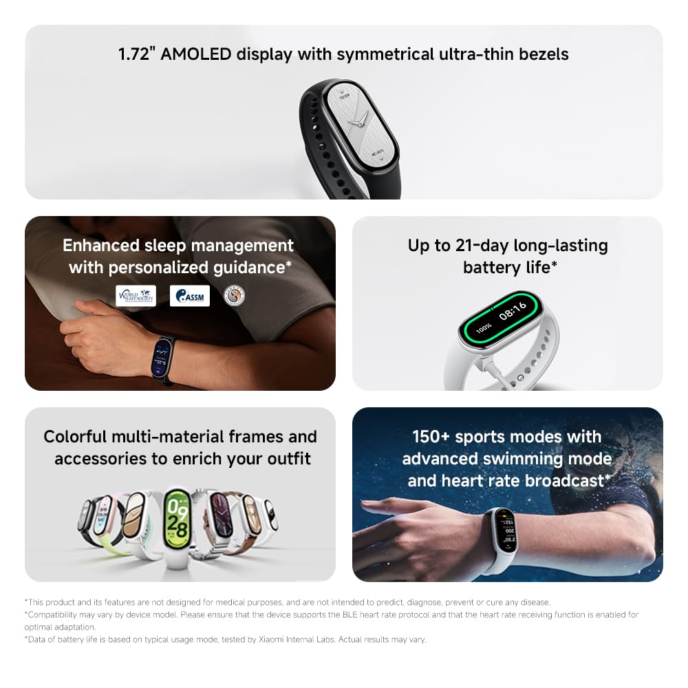 Xiaomi Smart Band 10 (Fitness Tracker), 1.72" AMOLED display, multimateriale, autonomia 21 gg, ricarica rapida, 150+ sport, monitoraggio benessere e sonno, HyperOS 2.0, resistente 5ATM, Compass