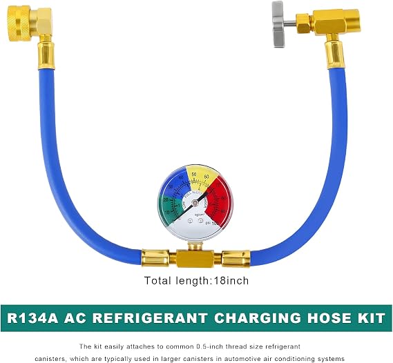 R134A AC Refrigerant Charge Hose Kit, 1/2 Dispensing Valve Self-Sealing Can Tap Recharging Hose with Pressure Gauge, Automotive A/C R134a Freon Recharge Tool Kit for Most Vehicles
