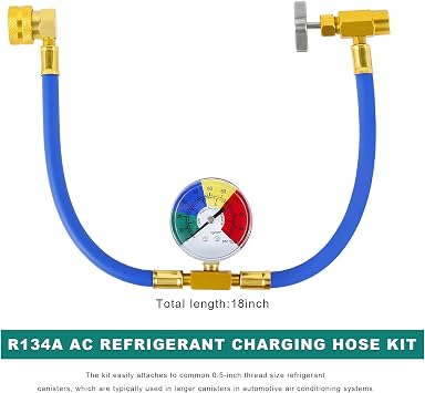 R134A AC Refrigerant Charge Hose Kit, 1/2 Dispensing Valve Self-Sealing Can Tap Recharging Hose with Pressure Gauge, Automotive A/C R134a Freon Recharge Tool Kit for Most Vehicles