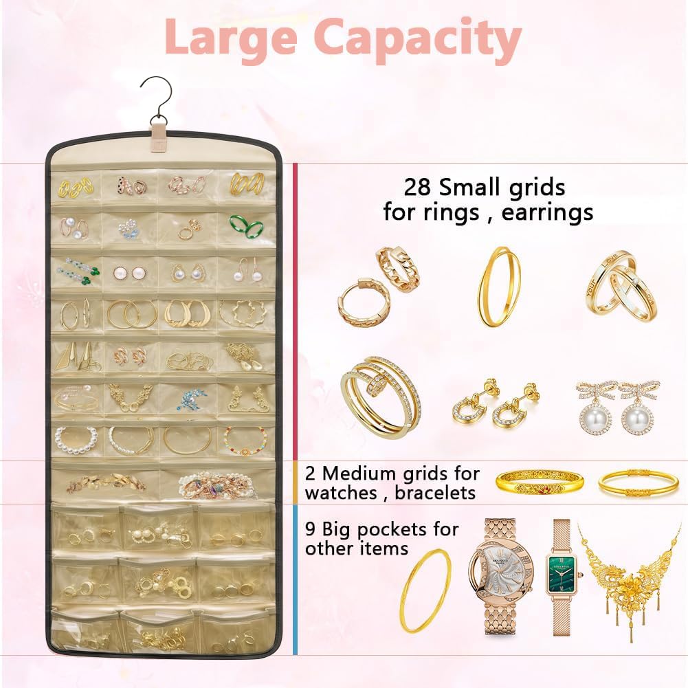 Aucuu Organizer per Gioielli da Appendere, Hanging Jewelry Organizer per Armadio, Storage Doppia Faccia per Gioielli, Porta Orecchini da Parete con 39 Tasche e 3 ganci a Forma di Onda