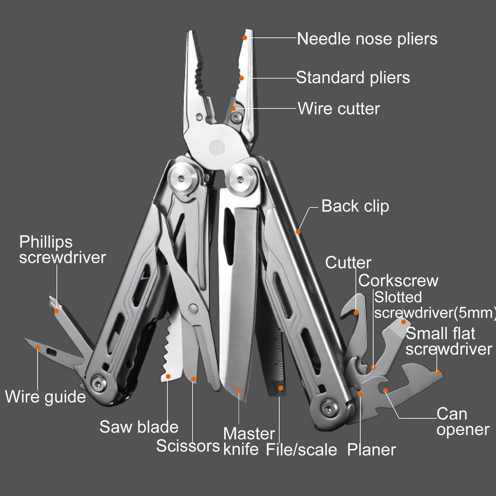 17-En-1 Multifonctions Acier Inoxydable Conçue Outil Multitool Pince De Poche Couteau Pliant Avec Poignée Ergono Pour Extérieur, Survie,Réparation Simple,Camping,Randonnée