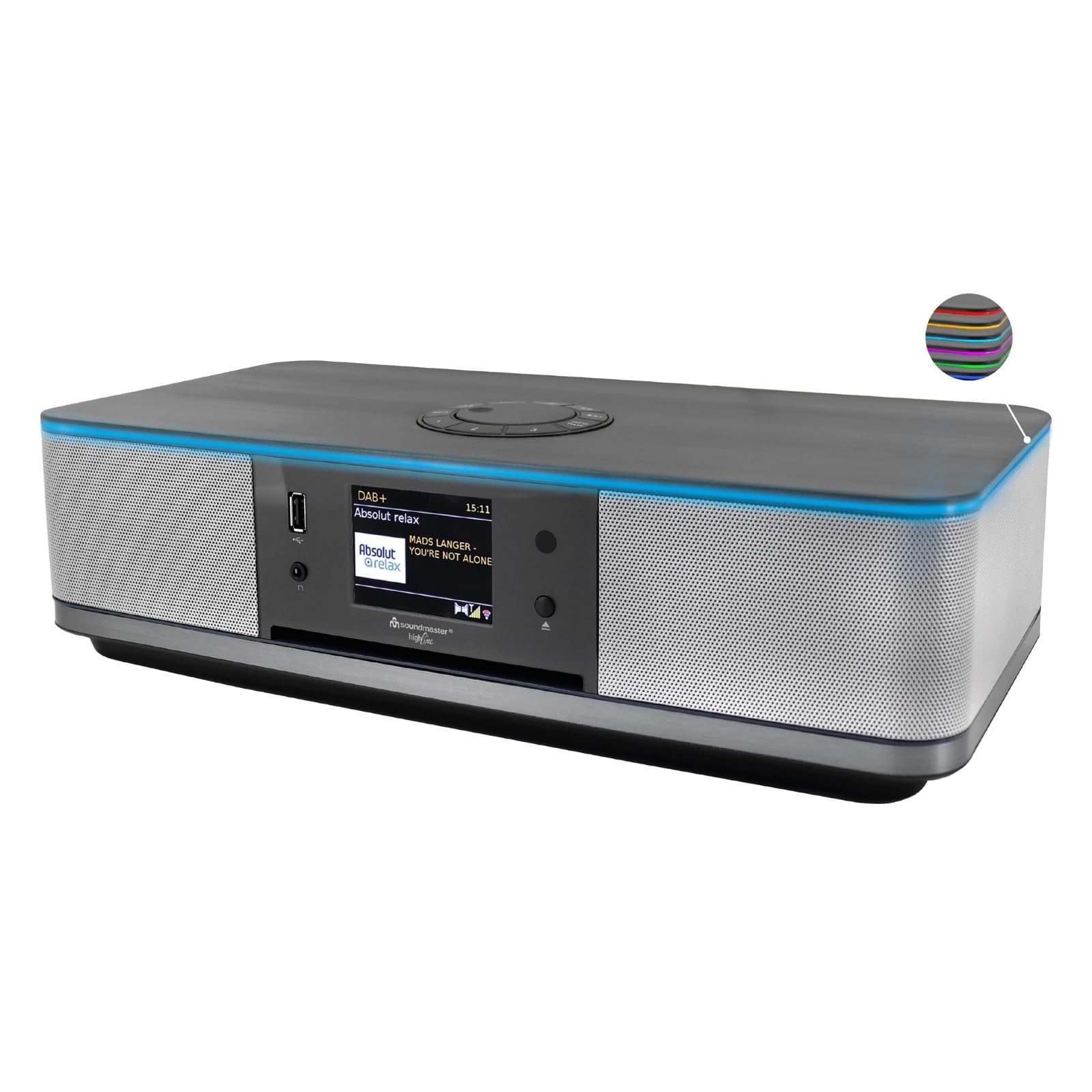 Soundmaster Highline ICD2023SW Stereoanlage Internetradio WLAN 2,4/5 GHz LED Ambientebeleuchung DAB+ Bluetooth CD-Player USB MP3 APP Farbdisplay Wecker