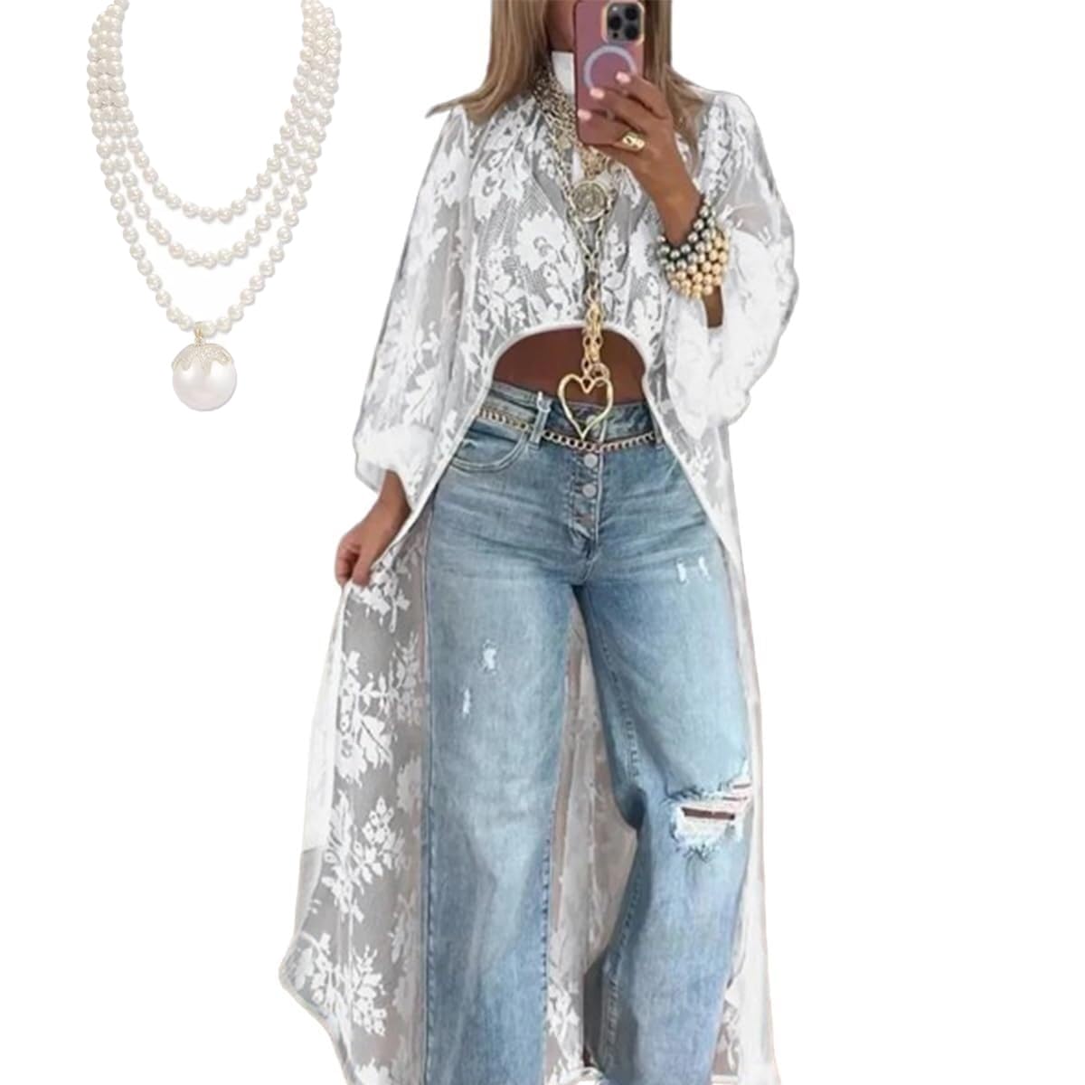 Women's Round Neck Lace Short Front and Long Back Casual Top, Long Sleeve Asymmetrical High Low Dress Cover-Up