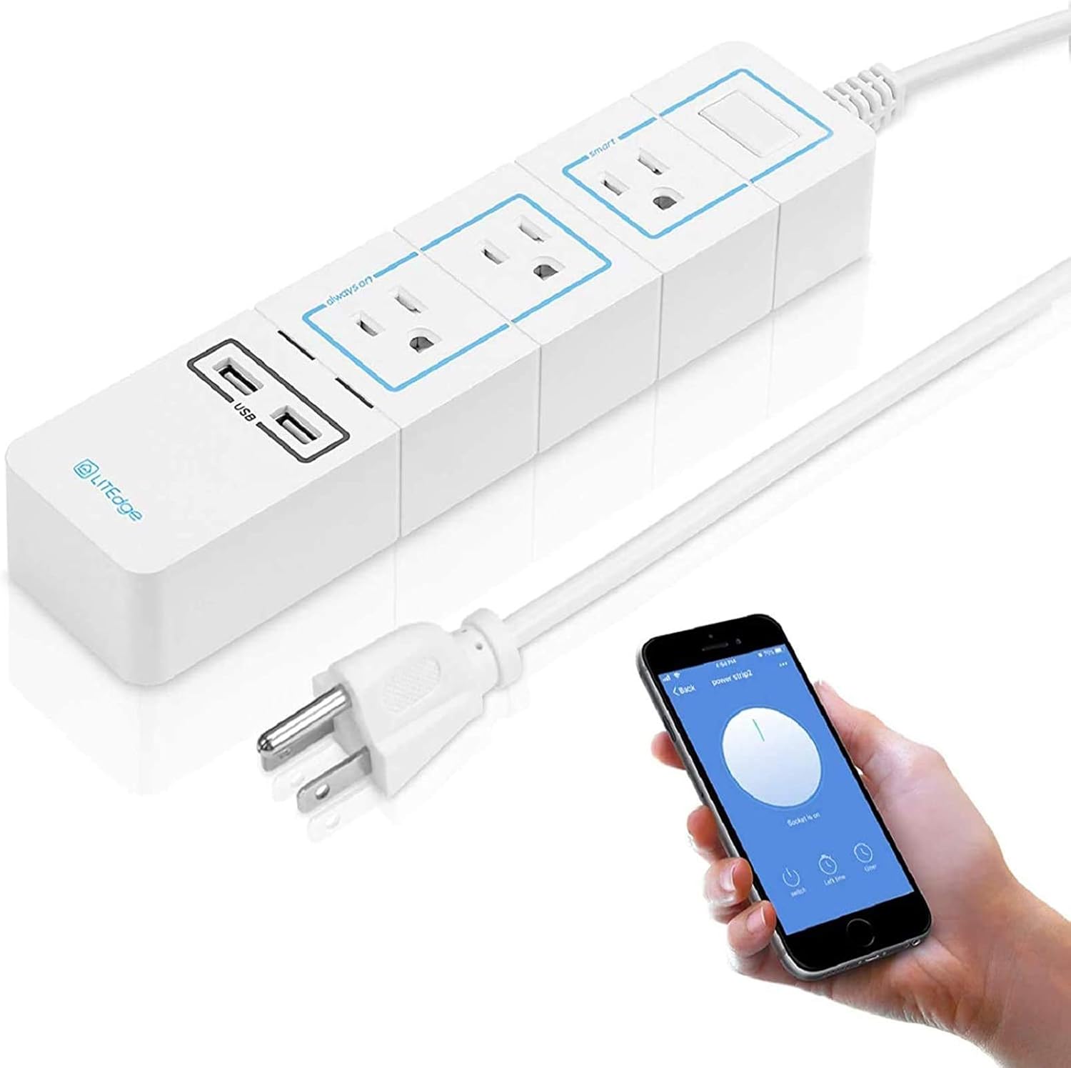 LITEdge Wi-Fi Accessible Smart Power Strip, Triple AC Outlets with 2 USB Charging Port, Compatible with Alexa, No Hub Needed, Cordless Distance APP Remote Control, Surge Protection